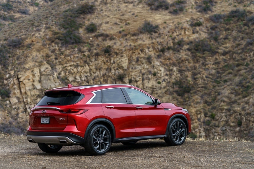 Red INFINITI QX50, shot of exterior of the vehicle from the rear